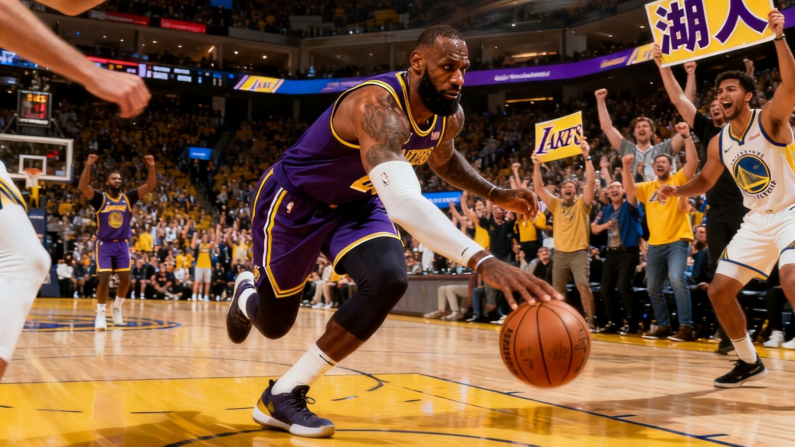 NBA季后赛湖人108-104勇士的比赛集锦封面，詹姆斯突破上篮的瞬间，球馆内球迷起立欢呼。